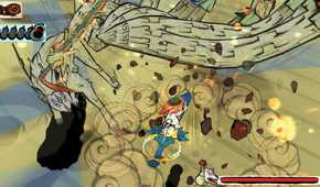 A screenshot from the game Okami, shownig a white wolf a battling a sand-like monstrosity.