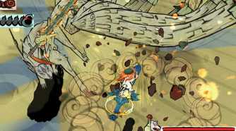 A screenshot from the game Okami, shownig a white wolf a battling a sand-like monstrosity.