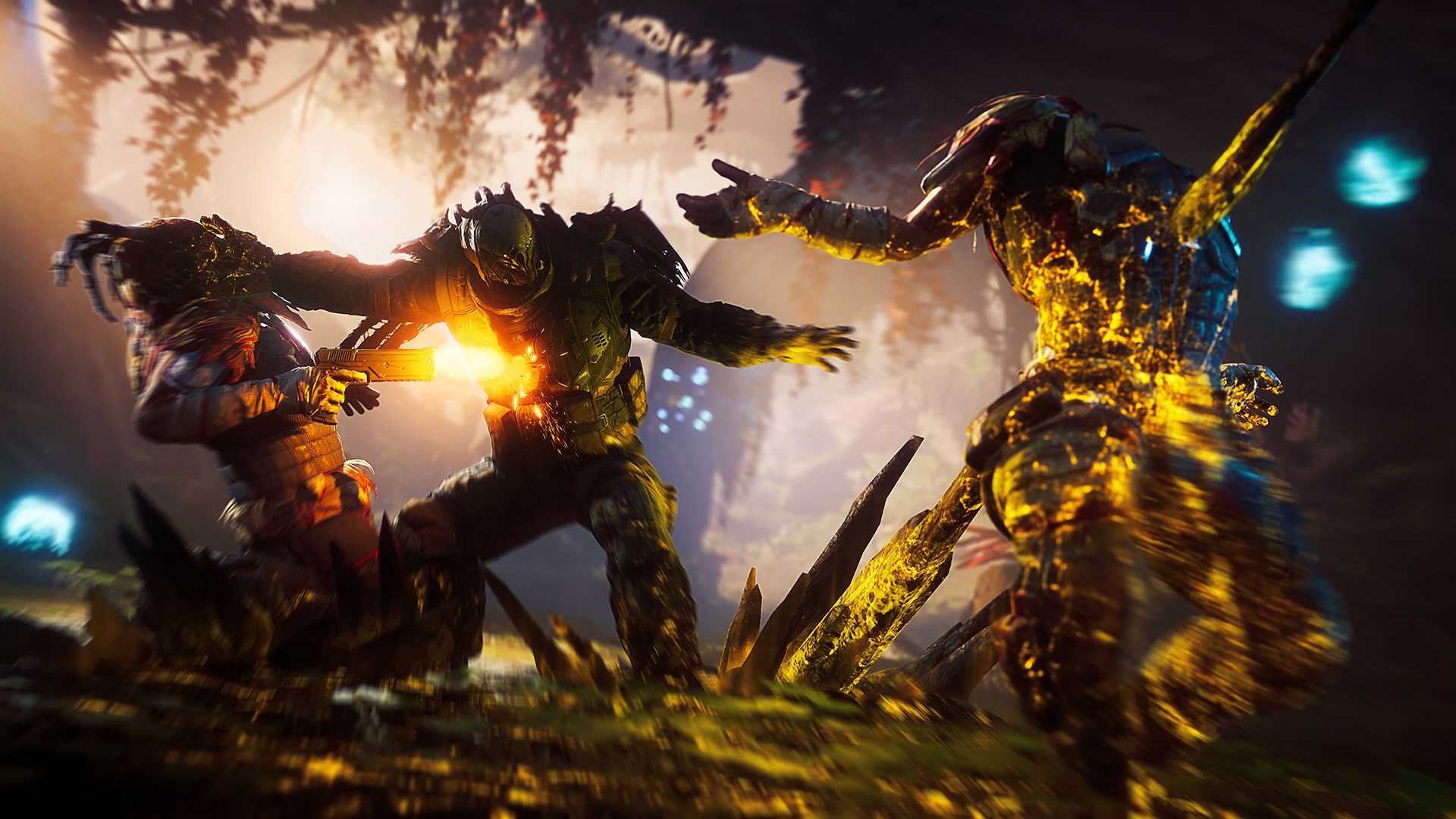 Screenshot from Outriders video game of player character fighting off two enemies on either side