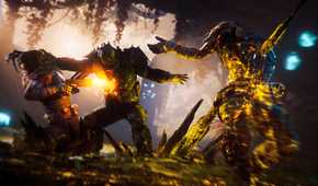Screenshot from Outriders video game of player character fighting off two enemies on either side