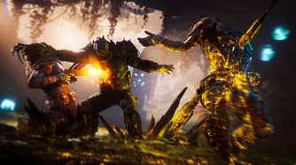 Screenshot from Outriders video game of player character fighting off two enemies on either side