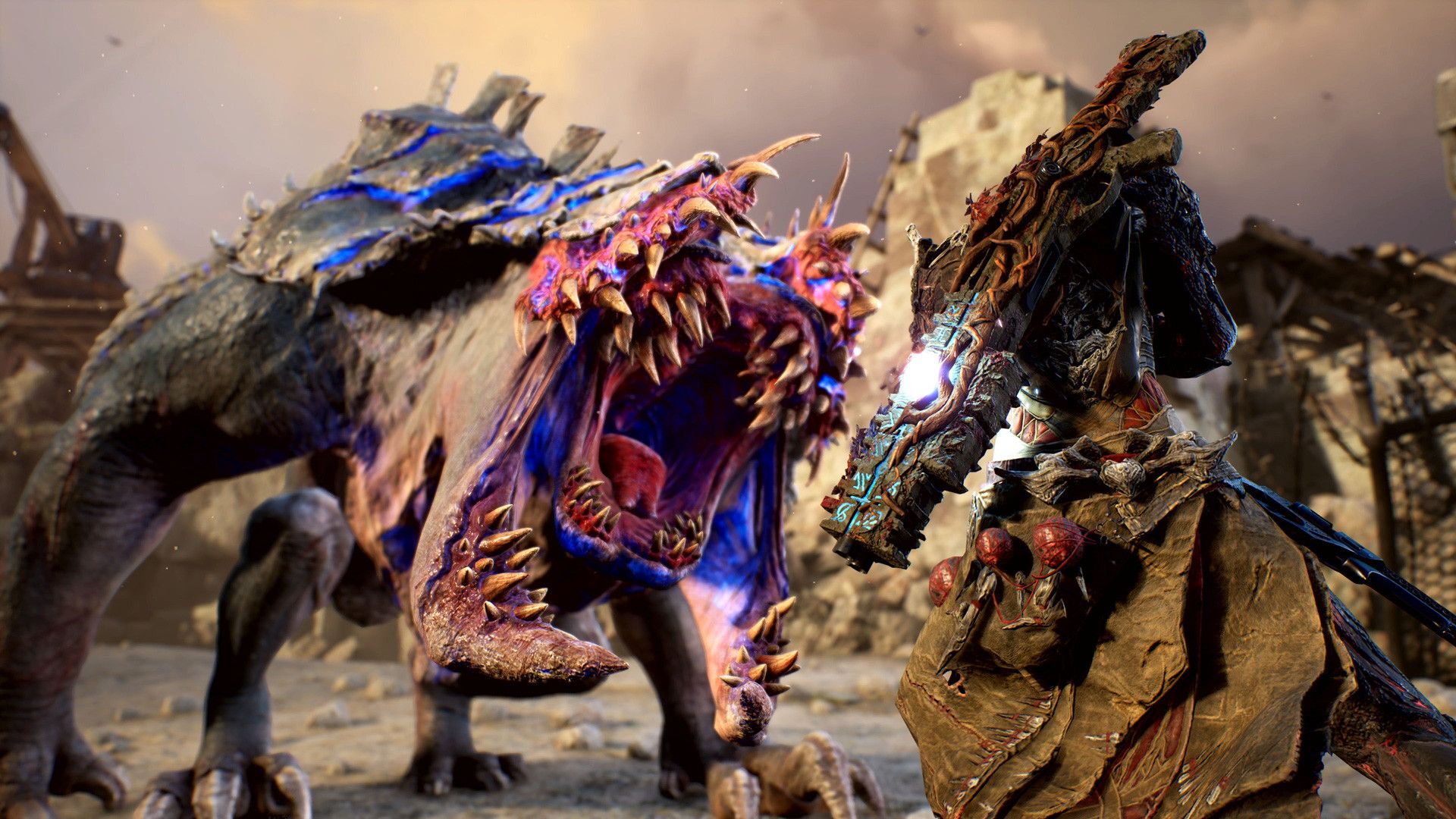 Screenshot from Outriders video game of player character facing off against alien monster