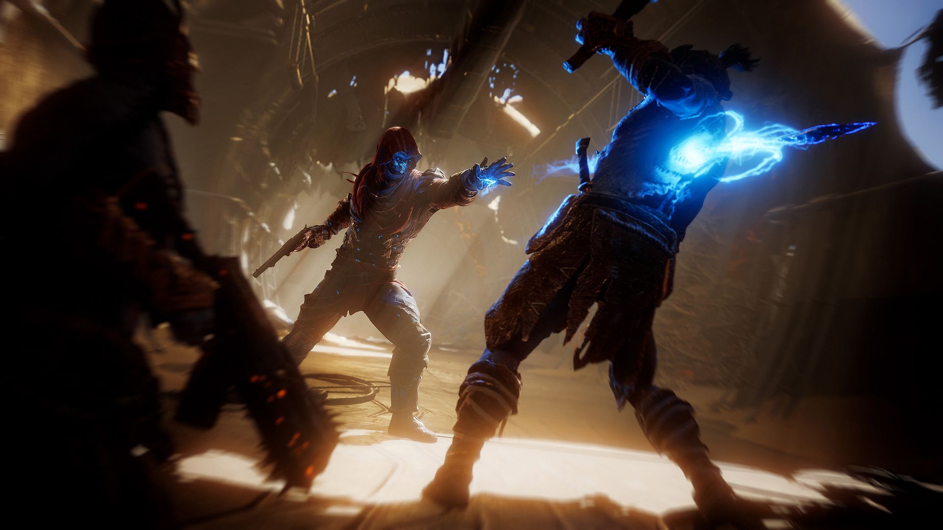 Screenshot from Outriders video game of a character firing a bolt of energy through an enemy's chest