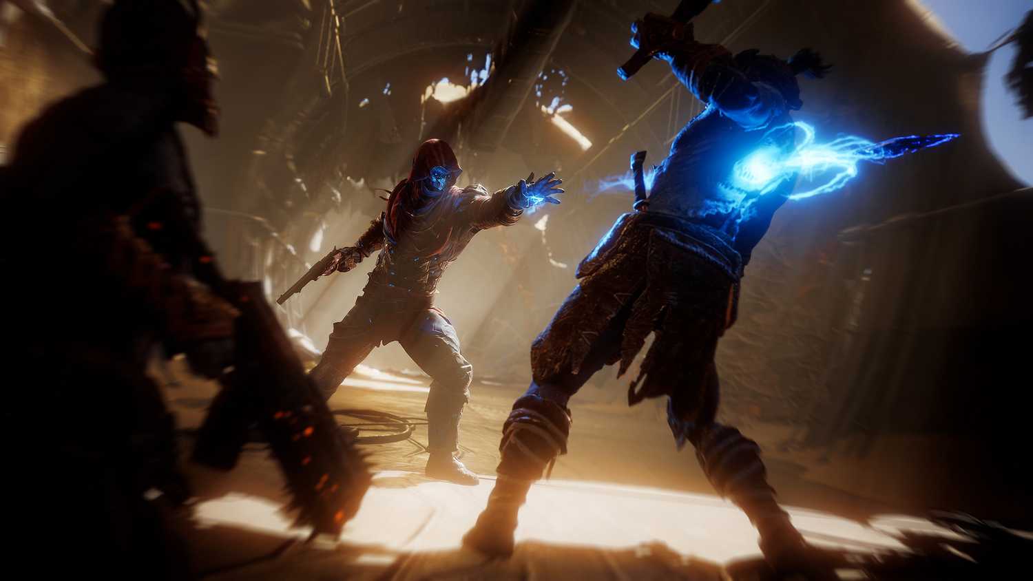Screenshot from Outriders video game of a character firing a bolt of energy through an enemy's chest
