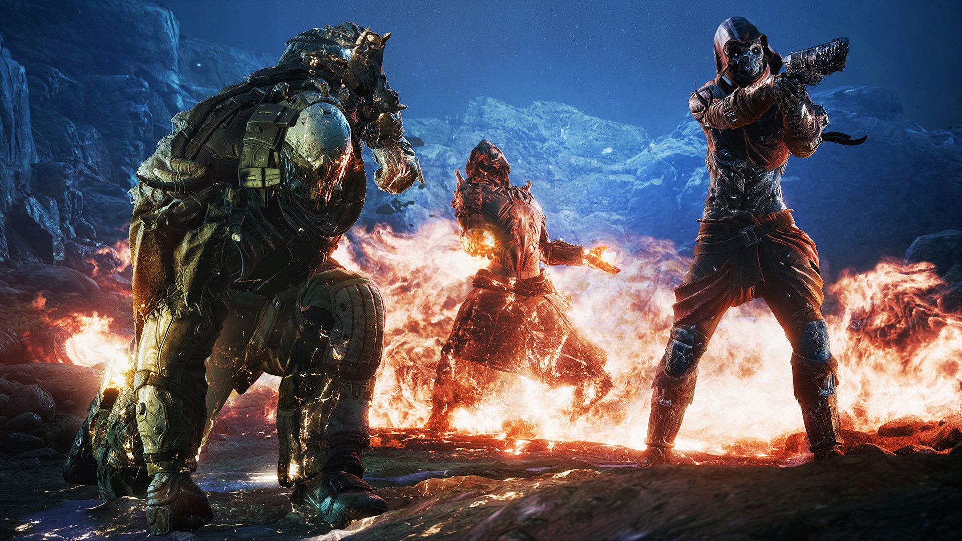 Screenshot from Outriders video game of three characters with one of them kneeling, another aiming a pistol and a third controlling a whirlwind of fire.