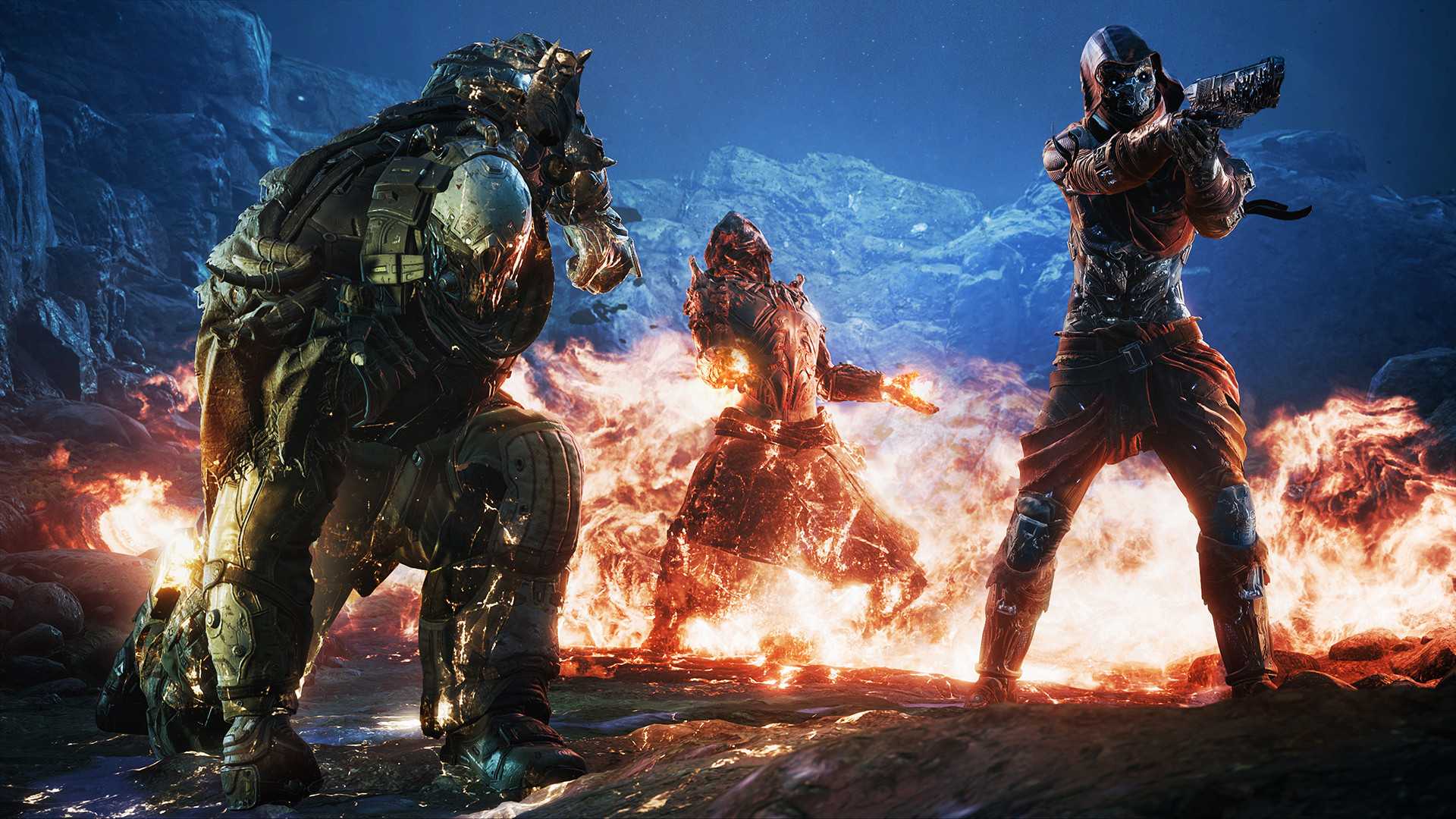 Screenshot from Outriders video game of three characters with one of them kneeling, another aiming a pistol and a third controlling a whirlwind of fire.