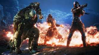 Screenshot from Outriders video game of three characters with one of them kneeling, another aiming a pistol and a third controlling a whirlwind of fire.