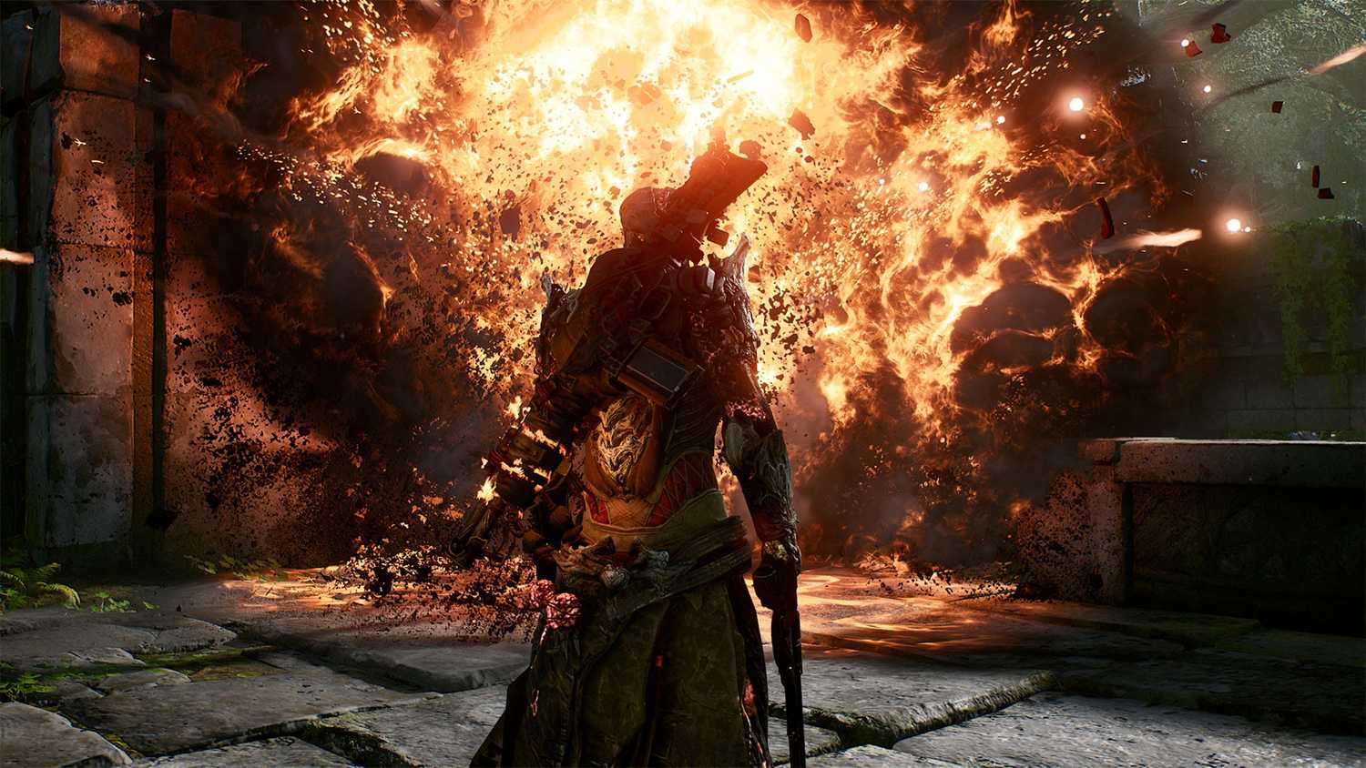 Screenshot from Outriders video game of character looking towards explosion