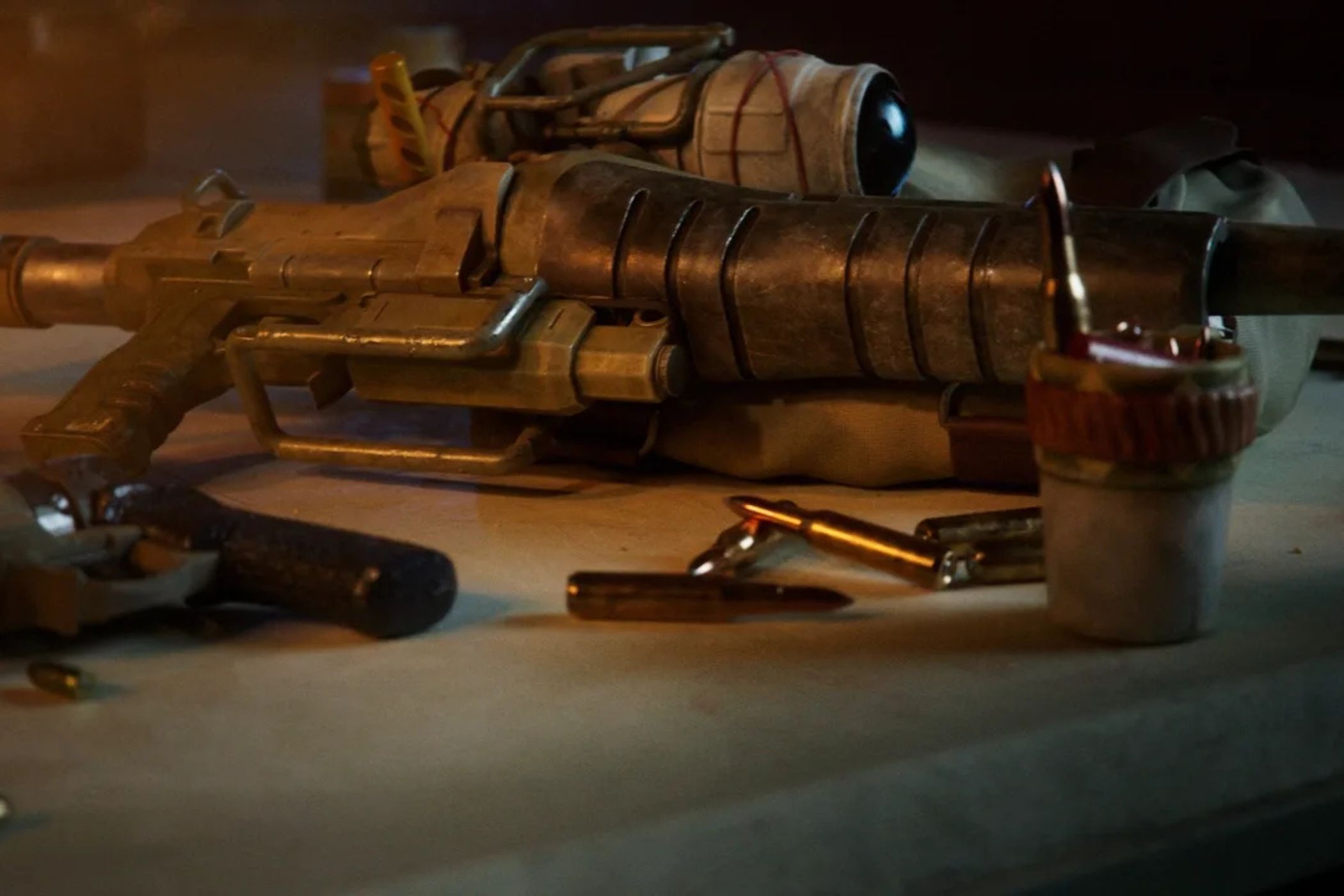 Concord gun on table with bullets