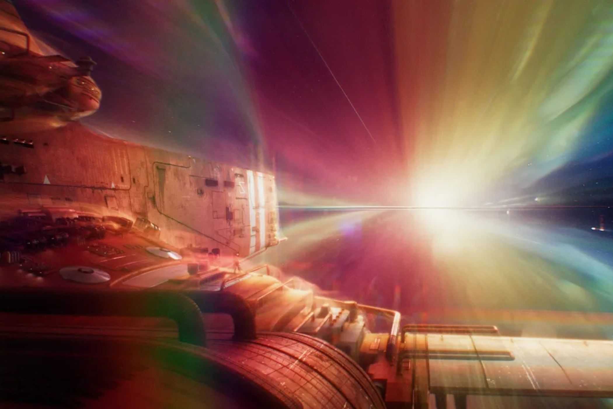 Consord spaceship flying through space with aura