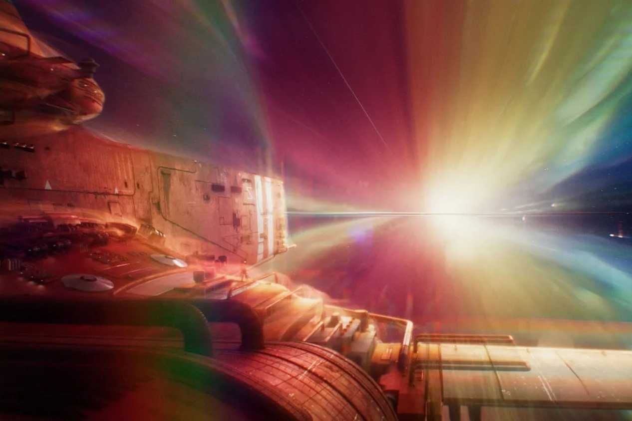 Consord spaceship flying through space with aura