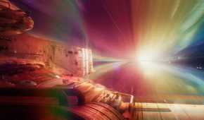 Consord spaceship flying through space with aura