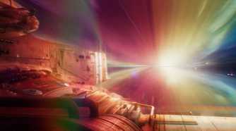 Consord spaceship flying through space with aura