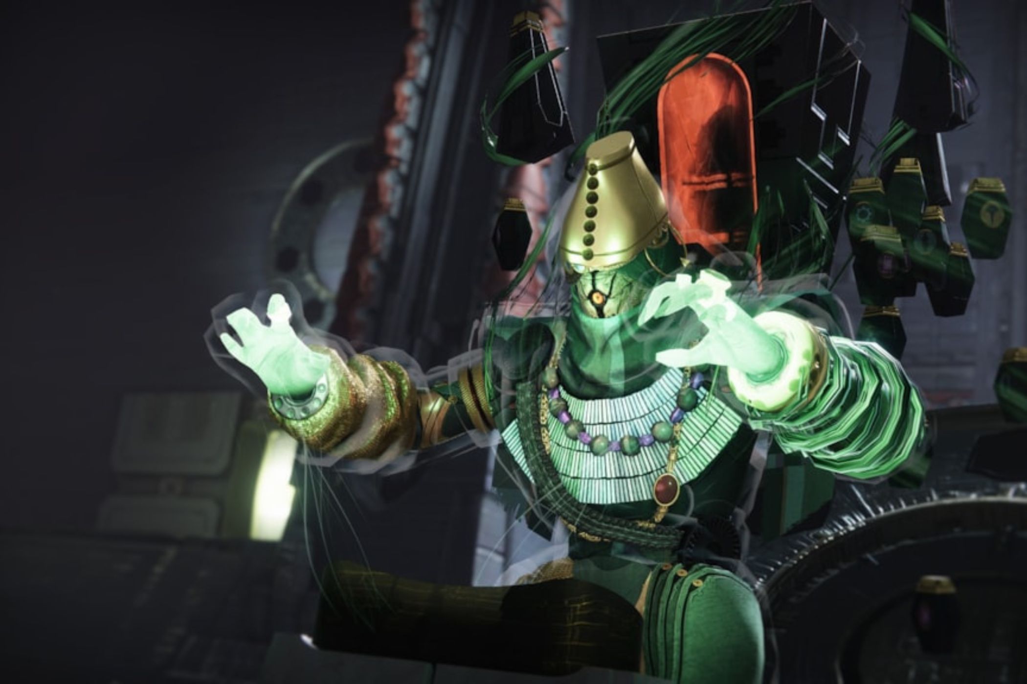 Destiny 2 Warlock in green holding up hands