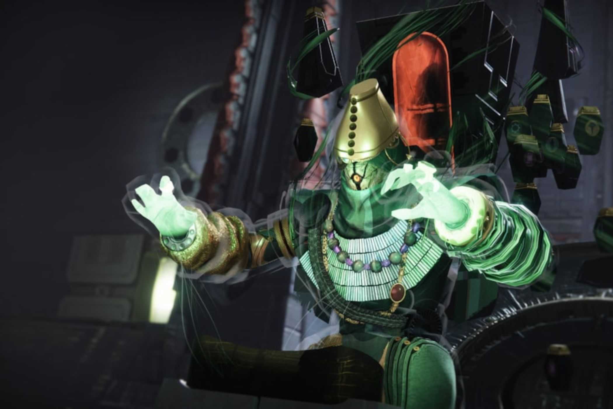 Destiny 2 Warlock in green holding up hands