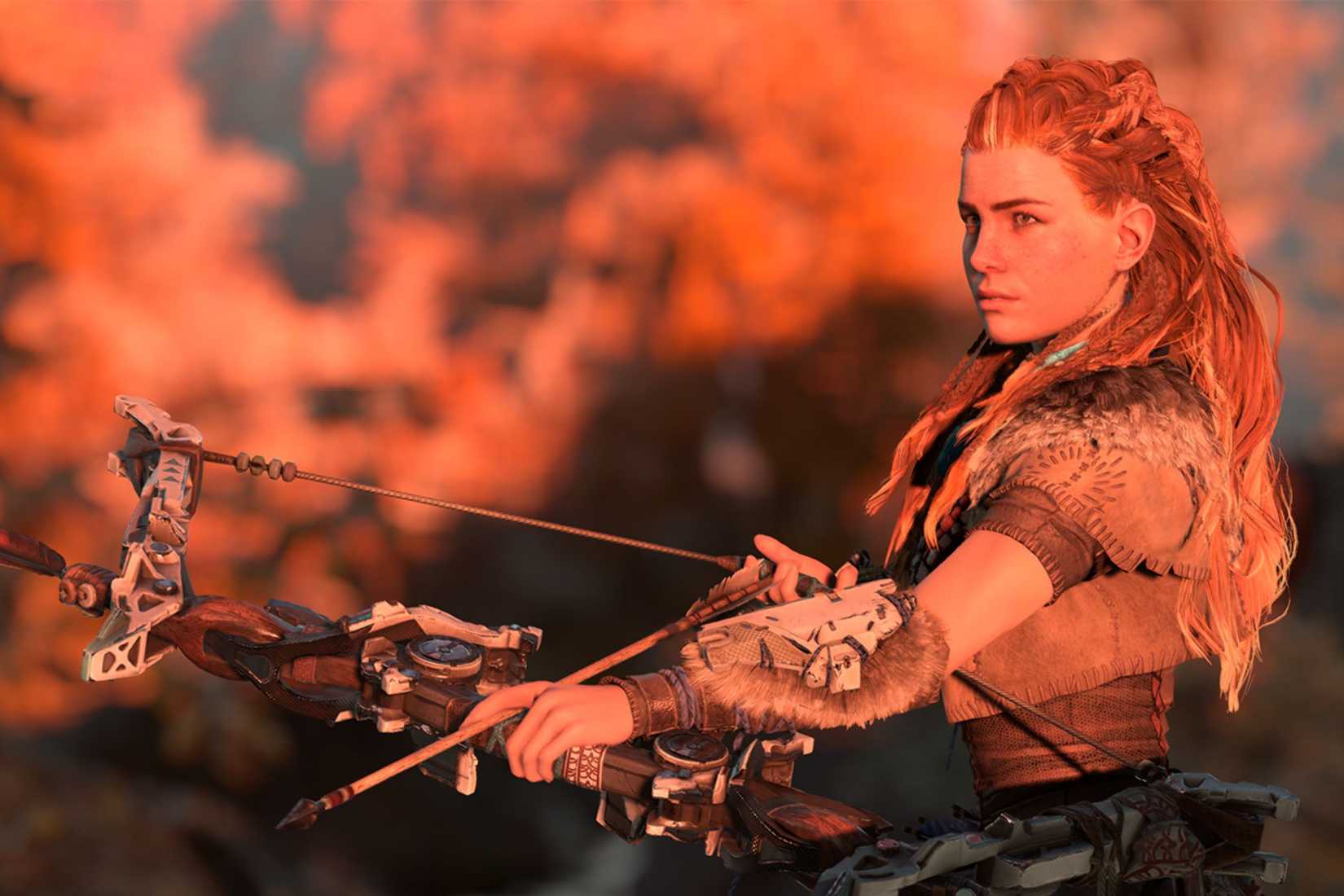 Horizon Zero Dawn Aloy holding bow at sunset