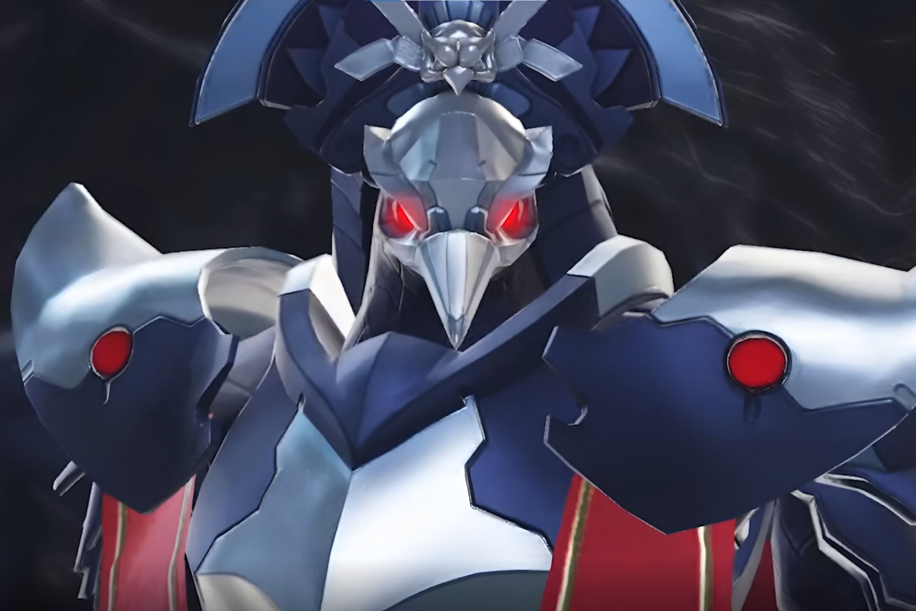 A screenshot from the game Metroid Dread, showing Raven Beak, a boss wearing metallic armor and a raven-faced helmet.