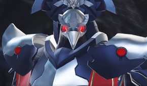 A screenshot from the game Metroid Dread, showing Raven Beak, a boss wearing metallic armor and a raven-faced helmet.