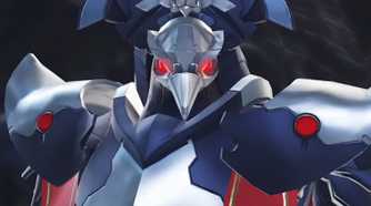 A screenshot from the game Metroid Dread, showing Raven Beak, a boss wearing metallic armor and a raven-faced helmet.