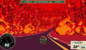 Screenshot from Reality Drift video game of microbus driving on a road surrounded by giant flames.