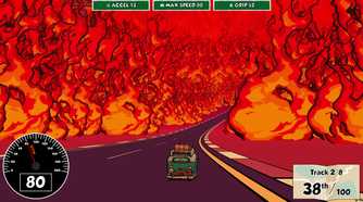 Screenshot from Reality Drift video game of microbus driving on a road surrounded by giant flames.