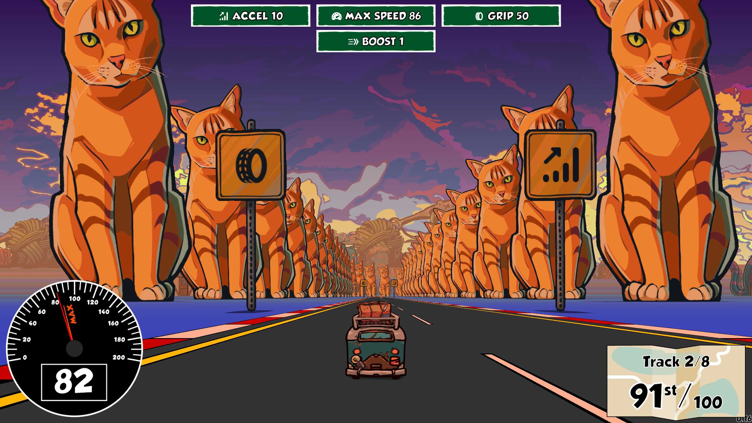 Screenshot from Reality Drift video game of microbus driving on a road lined with giant orange cats.