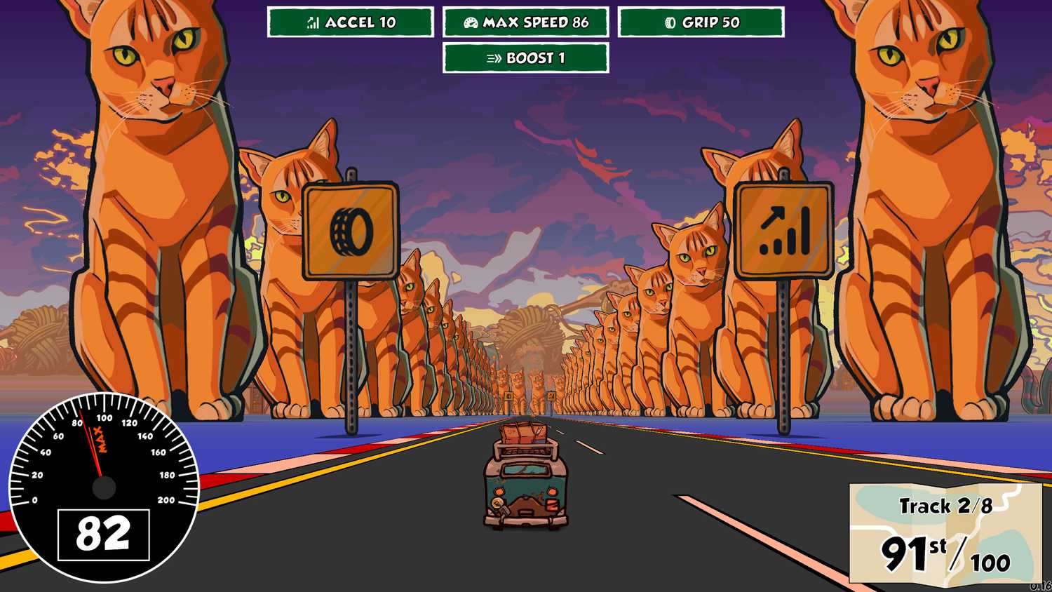 Screenshot from Reality Drift video game of microbus driving on a road lined with giant orange cats.