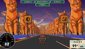 Screenshot from Reality Drift video game of microbus driving on a road lined with giant orange cats.