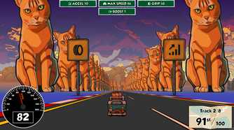 Screenshot from Reality Drift video game of microbus driving on a road lined with giant orange cats.