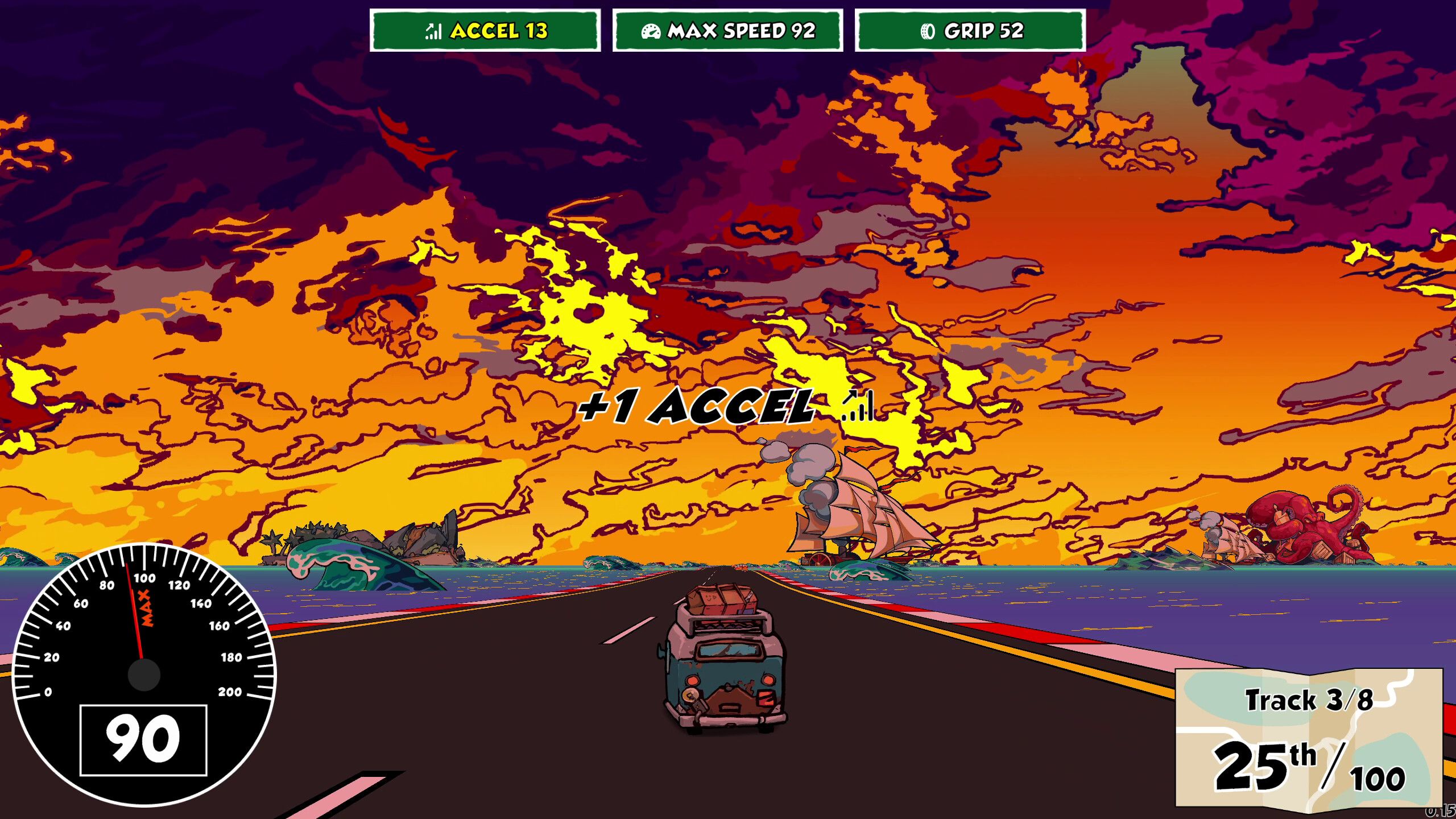 Screenshot from Reality Drift video game of microbus driving towards a sunsetting horizon.