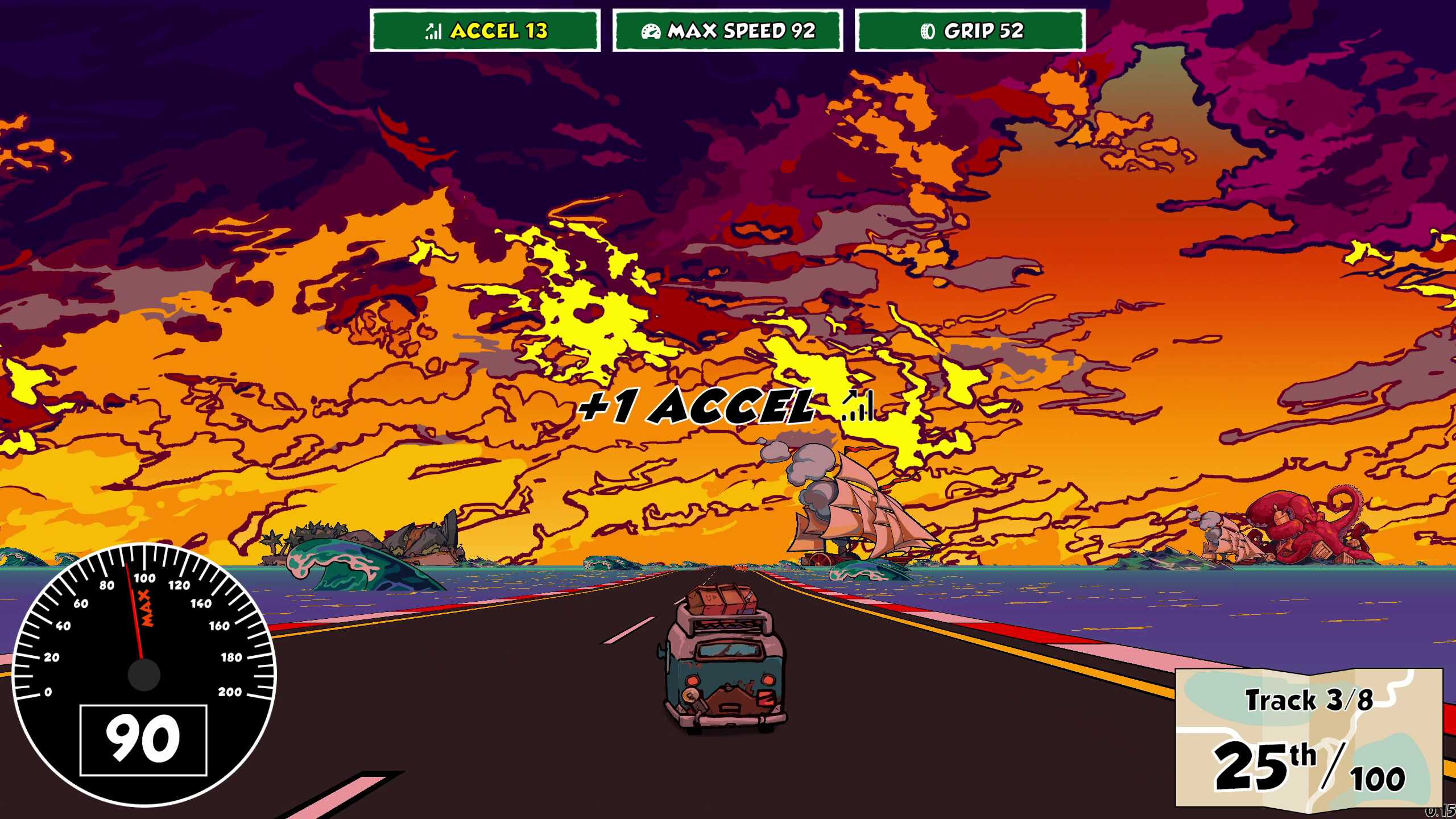 Screenshot from Reality Drift video game of microbus driving towards a sunsetting horizon.