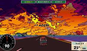 Screenshot from Reality Drift video game of microbus driving towards a sunsetting horizon.