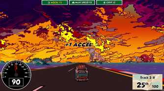 Screenshot from Reality Drift video game of microbus driving towards a sunsetting horizon.