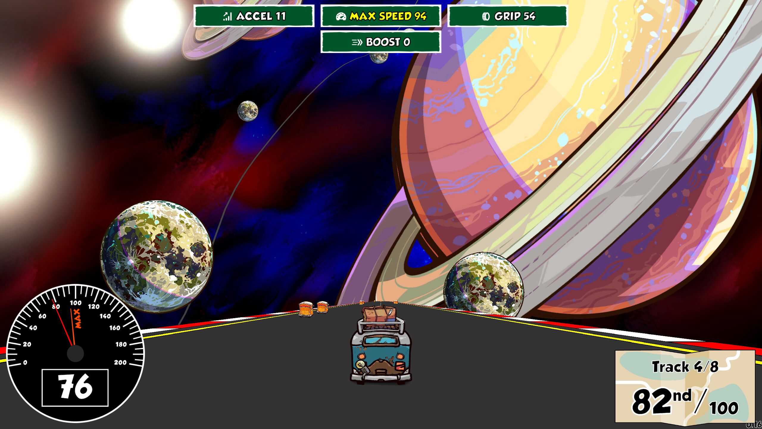 Screenshot from Reality Drift video game of microbus driving on a road in space with planets in the distance.