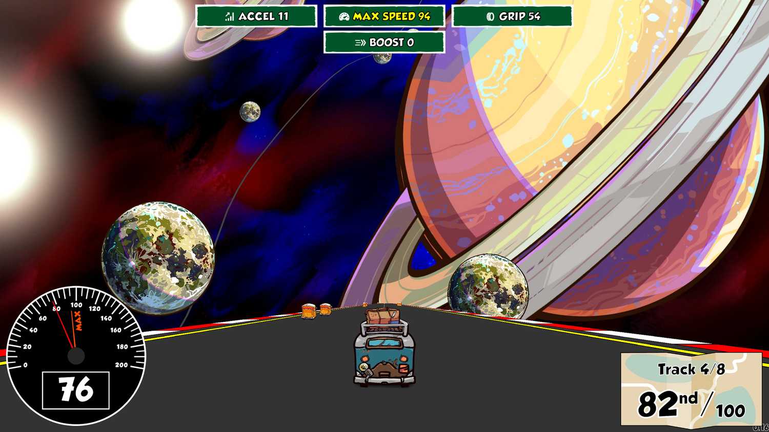 Screenshot from Reality Drift video game of microbus driving on a road in space with planets in the distance.