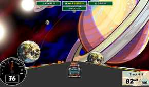 Screenshot from Reality Drift video game of microbus driving on a road in space with planets in the distance.