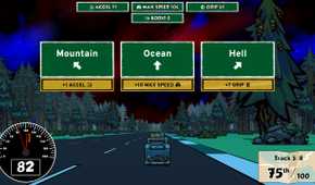 Screenshot from Reality Drift video game of microbus driving in forest setting with road signs above.