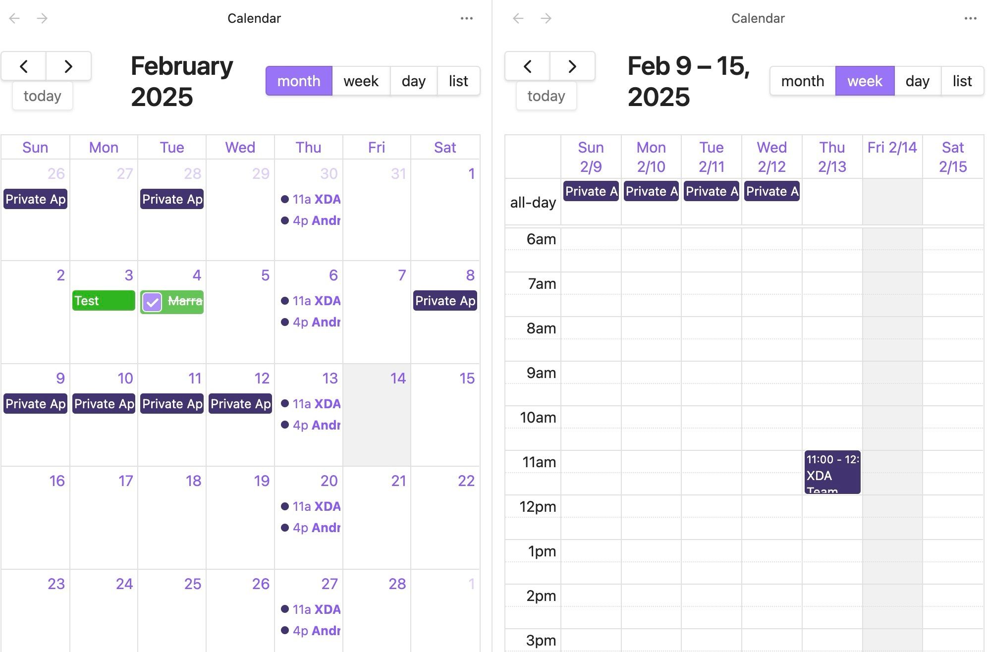Full Calendar in split view