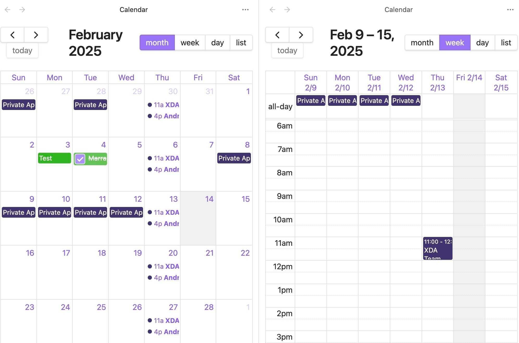 Full Calendar in split view