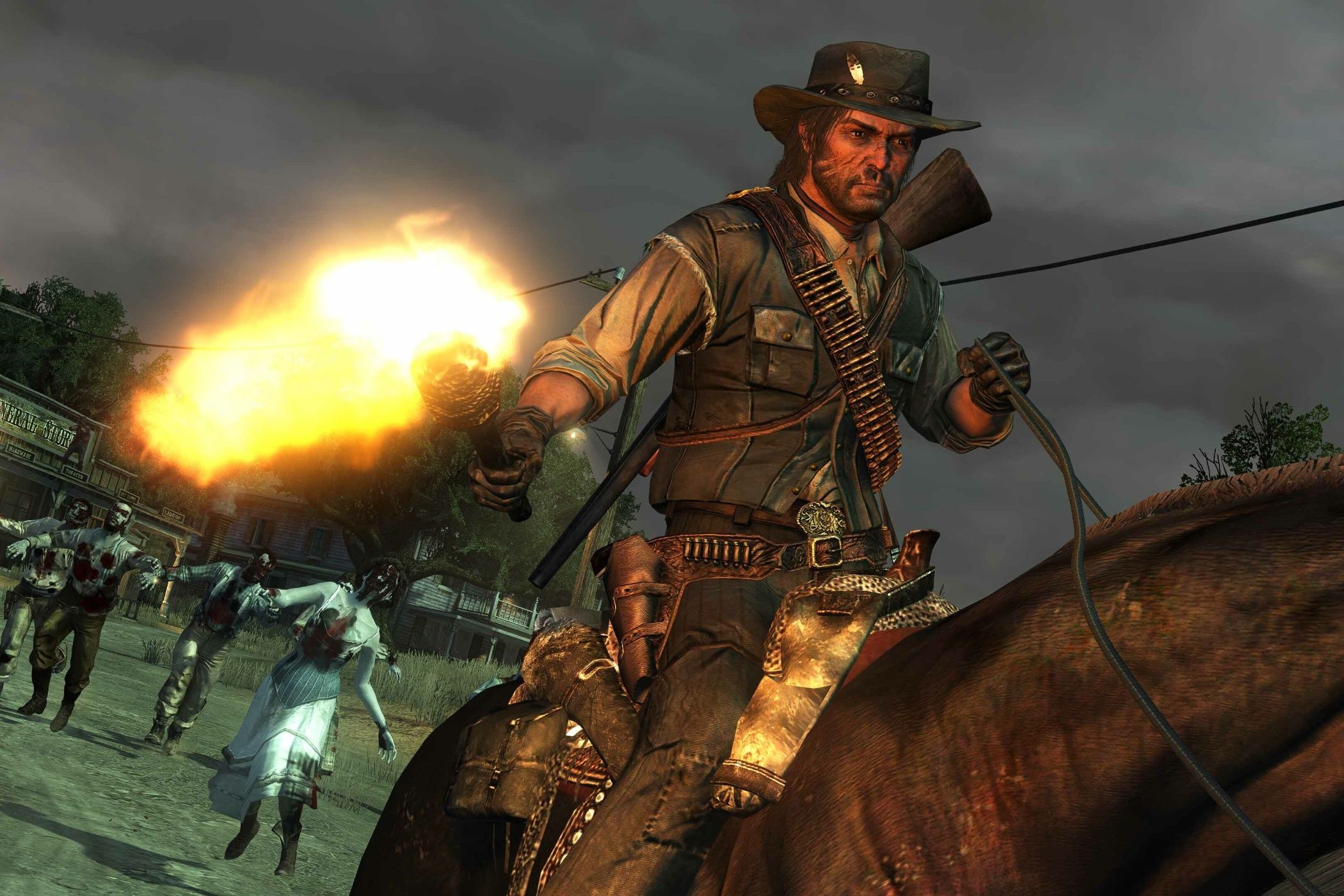 A screenshot from Red Dead Redemption Undead Nightmare, showing a man on horseback holding a flaming torch in his hand as zombies chase him.