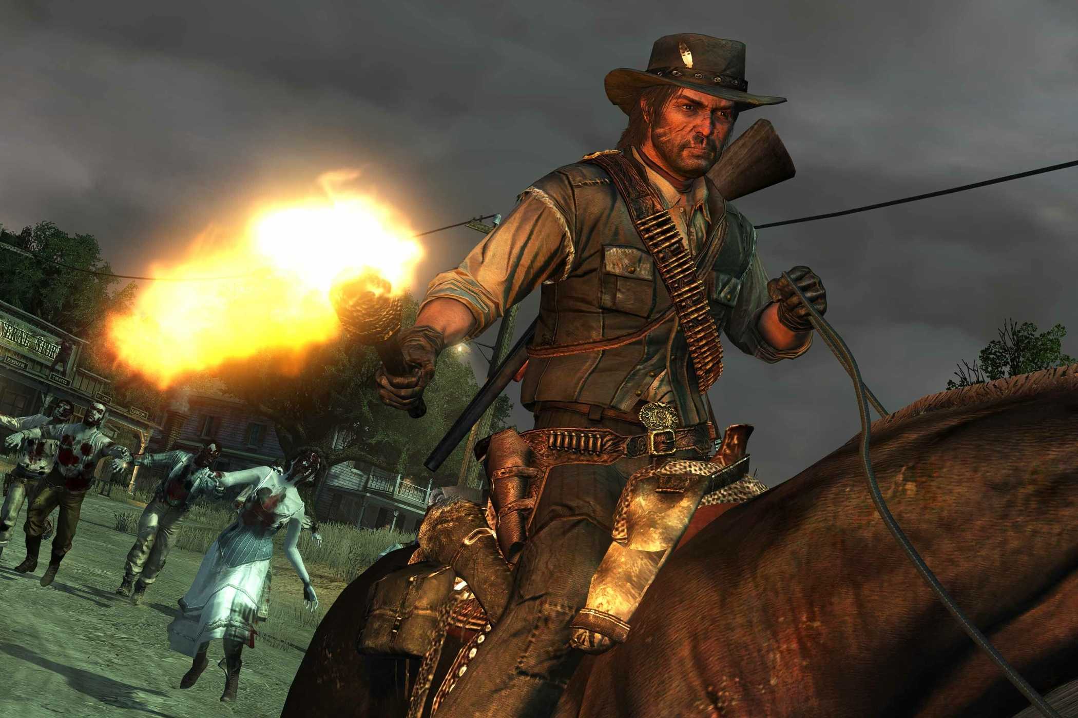 A screenshot from Red Dead Redemption Undead Nightmare, showing a man on horseback holding a flaming torch in his hand as zombies chase him.