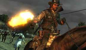 A screenshot from Red Dead Redemption Undead Nightmare, showing a man on horseback holding a flaming torch in his hand as zombies chase him.
