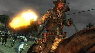A screenshot from Red Dead Redemption Undead Nightmare, showing a man on horseback holding a flaming torch in his hand as zombies chase him.