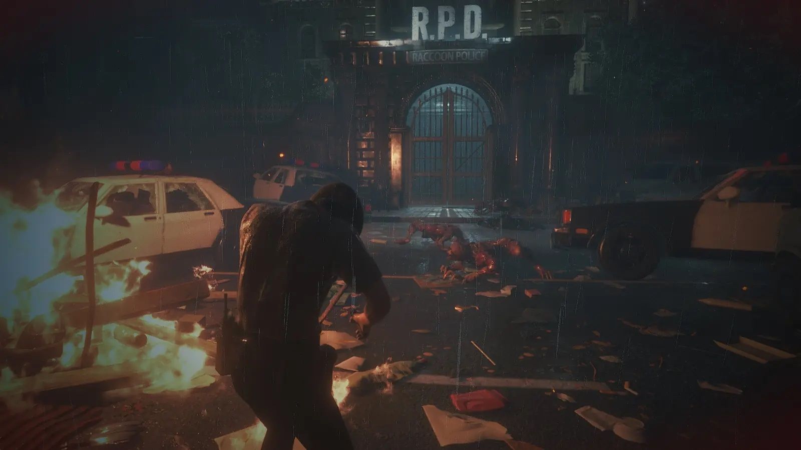 Screenshot from Resident Evil 2 video game with V-Act Nightmare mod installed of multiple Licker zombies outside police station with burning car to the side.