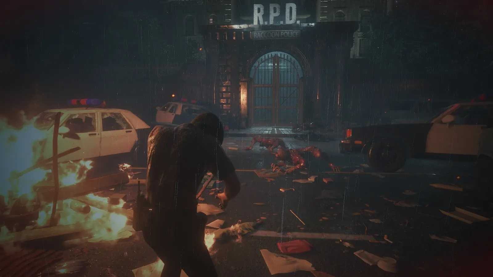 Screenshot from Resident Evil 2 video game with V-Act Nightmare mod installed of multiple Licker zombies outside police station with burning car to the side.