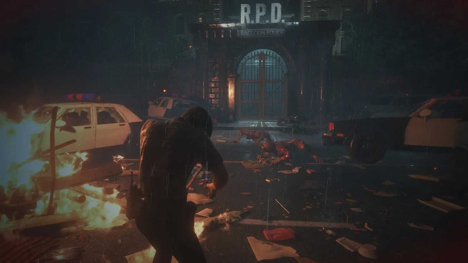 Screenshot from Resident Evil 2 video game with V-Act Nightmare mod installed of multiple Licker zombies outside police station with burning car to the side.