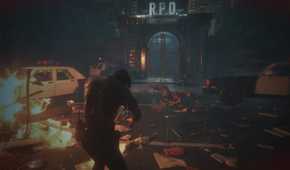 Screenshot from Resident Evil 2 video game with V-Act Nightmare mod installed of multiple Licker zombies outside police station with burning car to the side.