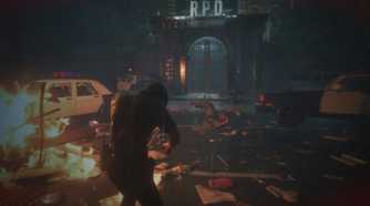 Screenshot from Resident Evil 2 video game with V-Act Nightmare mod installed of multiple Licker zombies outside police station with burning car to the side.