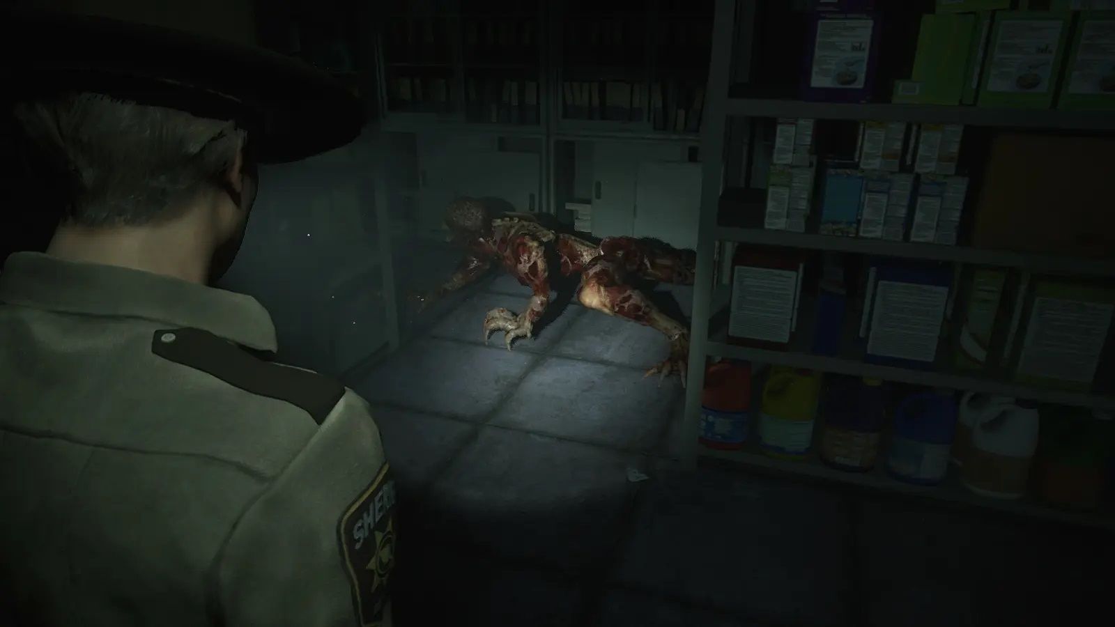 Screenshot of Resident Evil 2 video game with V-Act Nightmare mod installed of Licker zombie in storage room.