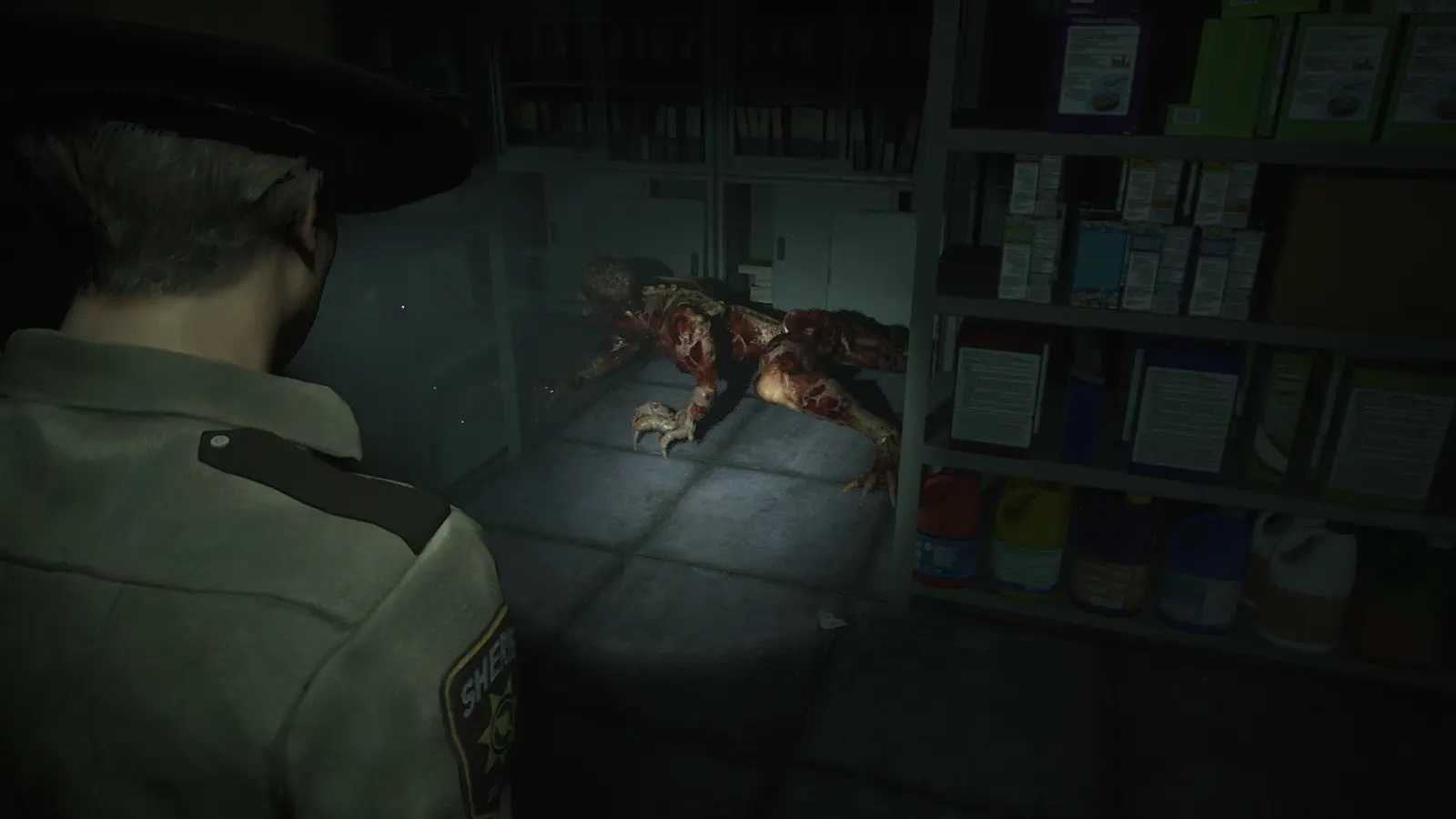Screenshot of Resident Evil 2 video game with V-Act Nightmare mod installed of Licker zombie in storage room.